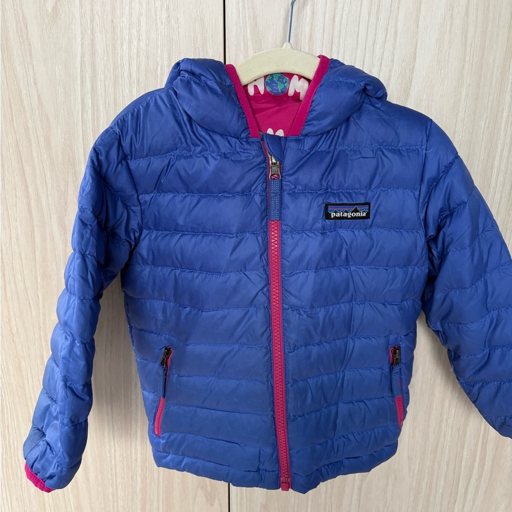 Patagonia Reversible Kids' Blue and Pink Down Sweater Hoody Jacket